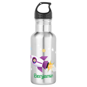 Cute rocket ship in space cartoon illustration 532 ml water bottle