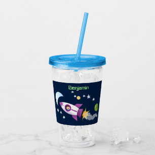 Cute rocket ship in space cartoon illustration acrylic tumbler