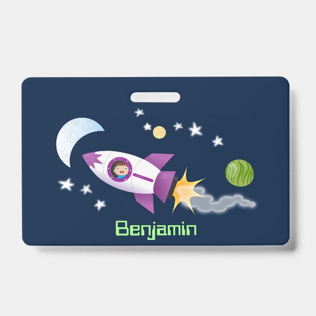 Cute rocket ship in space cartoon illustration badge (Front)