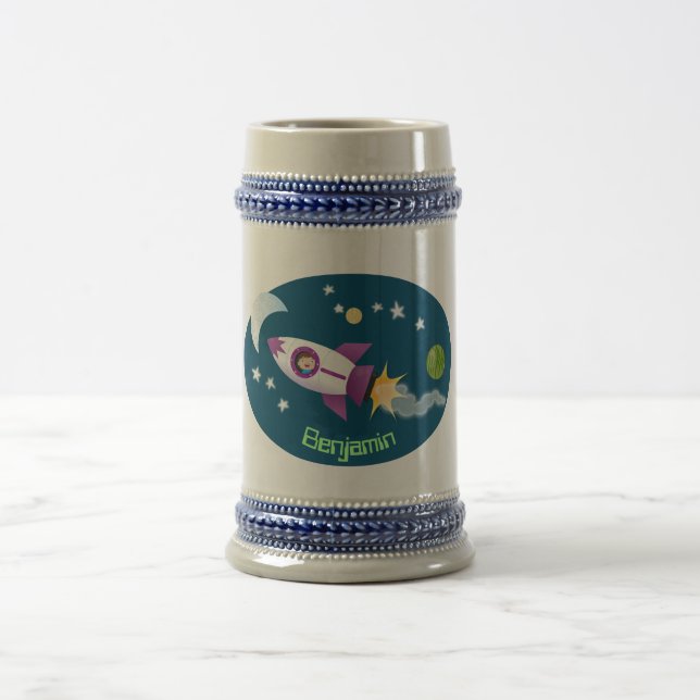 Cute rocket ship in space cartoon illustration beer stein (Center)