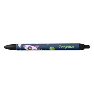 Cute rocket ship in space cartoon illustration black ink pen