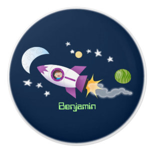 Cute rocket ship in space cartoon illustration ceramic knob