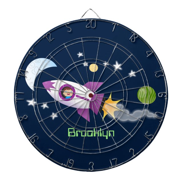Cute rocket ship in space cartoon illustration dartboard (Front)