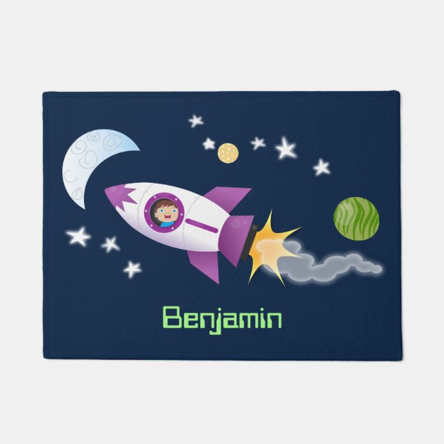Cute rocket ship in space cartoon illustration doormat (Front)