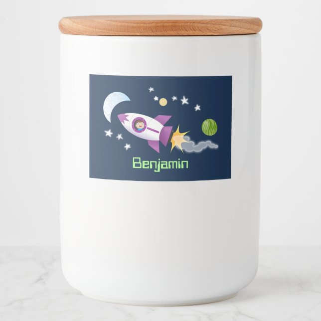 Cute rocket ship in space cartoon illustration food label (Front)