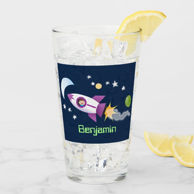 Cute rocket ship in space cartoon illustration glass (Back Ice)