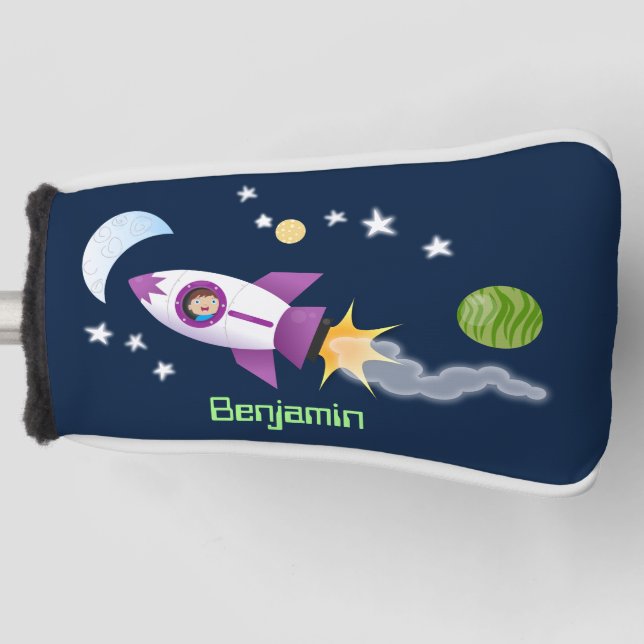 Cute rocket ship in space cartoon illustration golf head cover (Front)