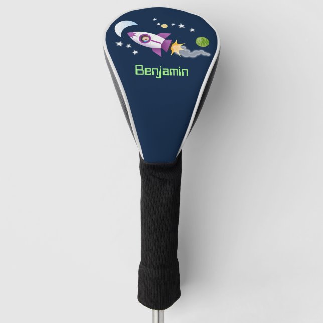 Cute rocket ship in space cartoon illustration golf head cover (Front)