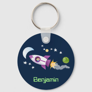 Cute rocket ship in space cartoon illustration keychain
