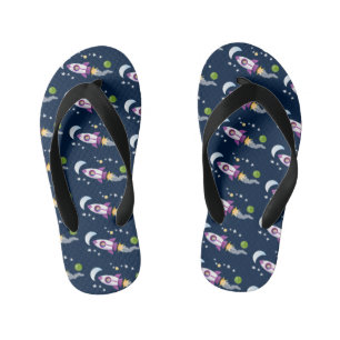 Cute rocket ship in space cartoon illustration kid's flip flops