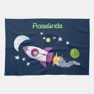 Cute rocket ship in space cartoon illustration kitchen towel