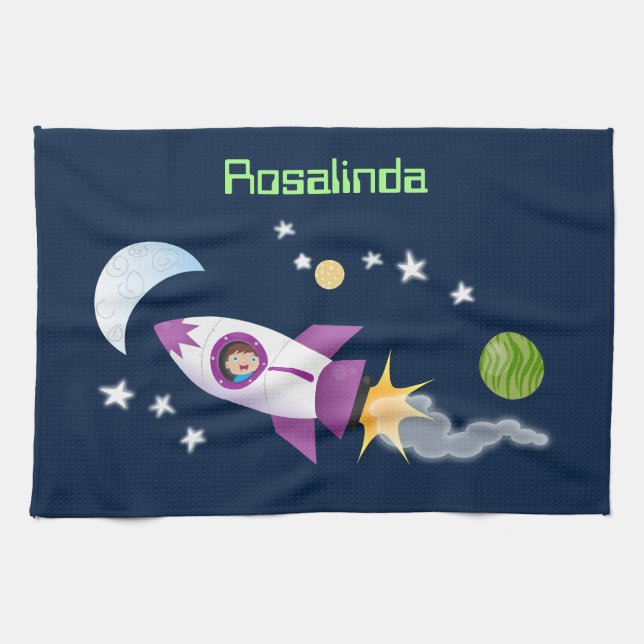 Cute rocket ship in space cartoon illustration kitchen towel (Horizontal)