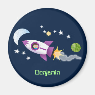 Cute rocket ship in space cartoon illustration magnet