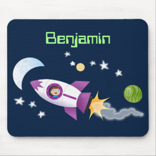 Cute rocket ship in space cartoon illustration mouse pad