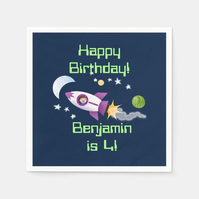 Cute rocket ship in space cartoon illustration napkin (Front)