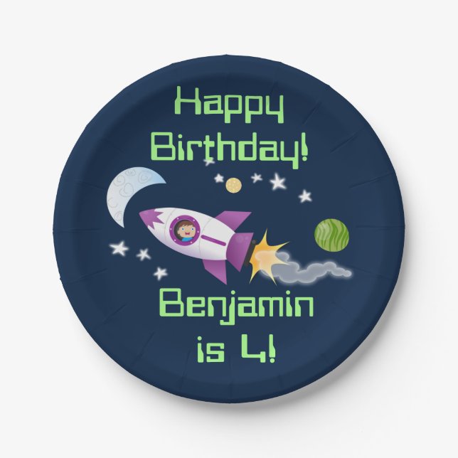 Cute rocket ship in space cartoon illustration paper plate (Front)
