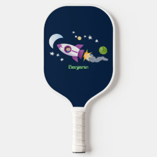 Cute rocket ship in space cartoon illustration pickleball paddle