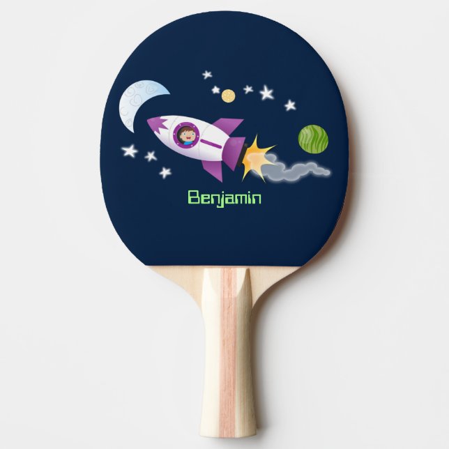 Cute rocket ship in space cartoon illustration ping pong paddle (Front)