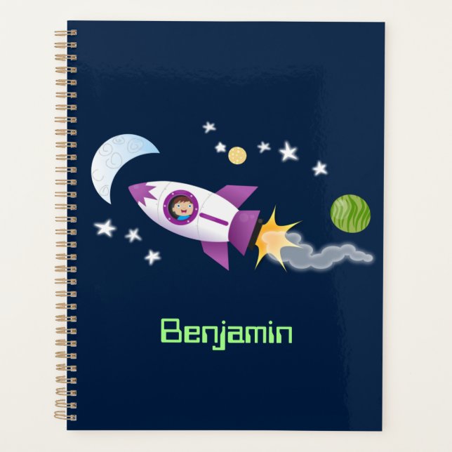 Cute rocket ship in space cartoon illustration planner (Front)