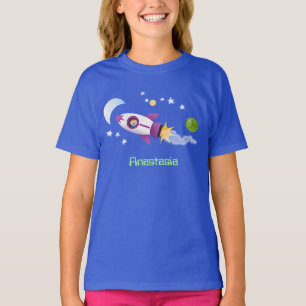Cute rocket ship in space cartoon illustration T-Shirt