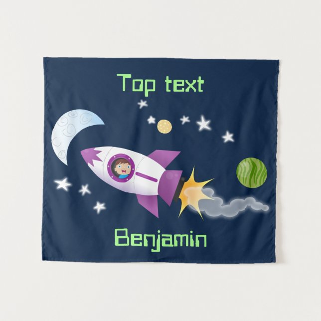 Cute rocket ship in space cartoon illustration  tapestry (Front (Horizontal))