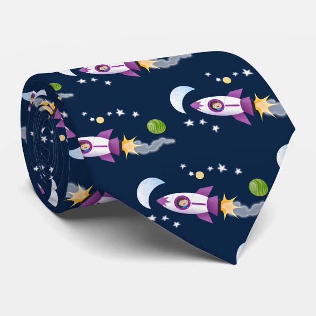 Cute rocket ship in space cartoon illustration tie (Rolled)