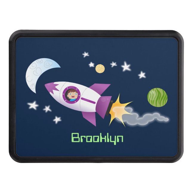 Cute rocket ship in space cartoon illustration trailer hitch cover (Front)