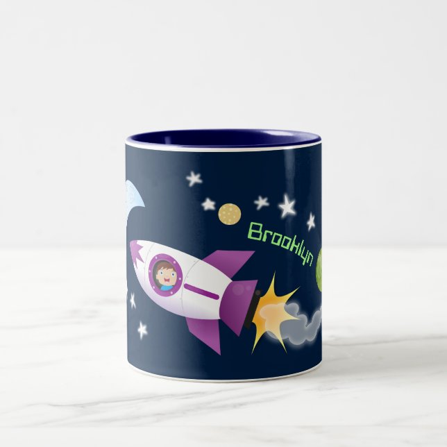 Cute rocket ship in space cartoon illustration Two-Tone coffee mug (Center)
