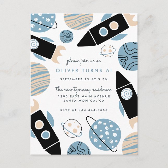 Cute Rocket Ship Outer Space Birthday Party Invitation Postcard (Front)
