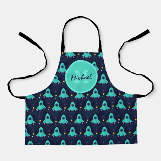 Cute Rocket Stars Spaceship Kids Boy Monogram Name Apron (Front)
