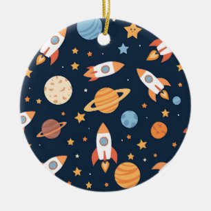Cute Rockets Planets Space Pattern Ceramic Ornament