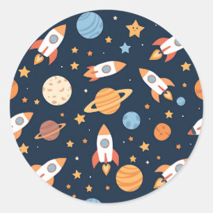 Cute Rockets Planets Space Pattern Classic Round Sticker