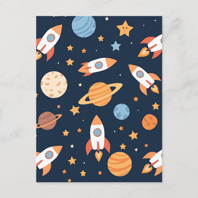 Cute Rockets Planets Space Pattern Postcard (Front)