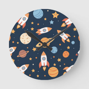 Cute Rockets Planets Space Pattern Round Clock