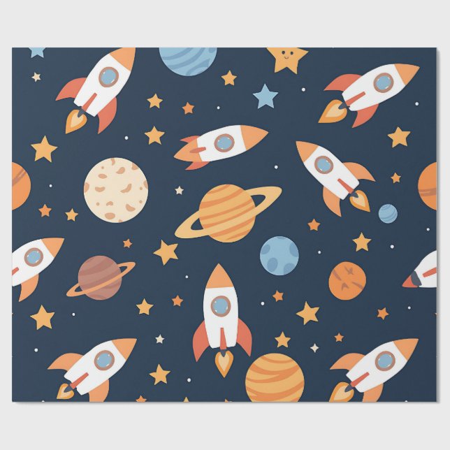 Cute Rockets Planets Space Pattern Wrapping Paper (Flat)