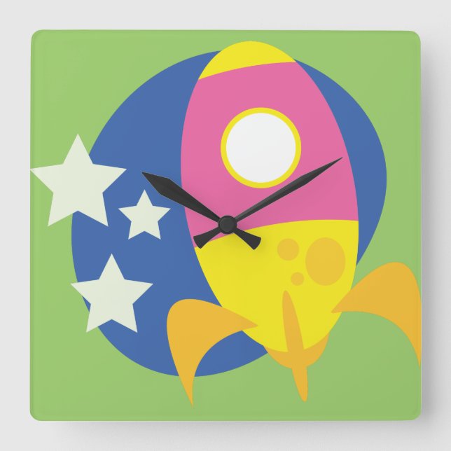 Cute rockets square wall clock (Front)