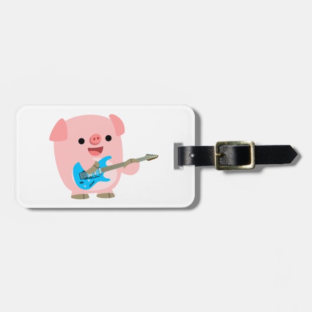 Cute Rockin' Cartoon Pig Luggage Tag (Front Horizontal)