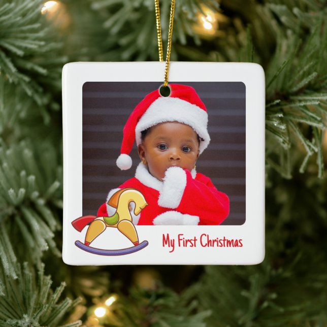 Cute Rocking Horse 2 Photo My 1st Christmas Baby's Ceramic Ornament (Tree)