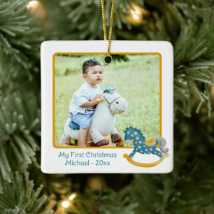 Cute Rocking Horse 2 Photo My 1st Christmas Baby's Ceramic Ornament