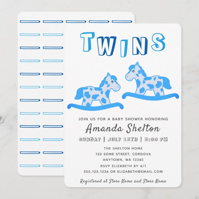 Cute Rocking Horse Blue Boy Twins Baby Shower Invitation (Front/Back)