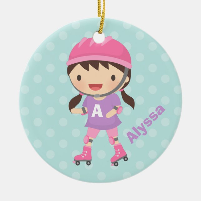 Cute Roller Skater Girl in Pink and Purple Ceramic Ornament (Front)