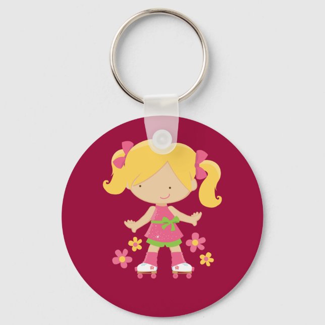 Cute Roller Skating Girl on Skates Gift Keychain (Front)