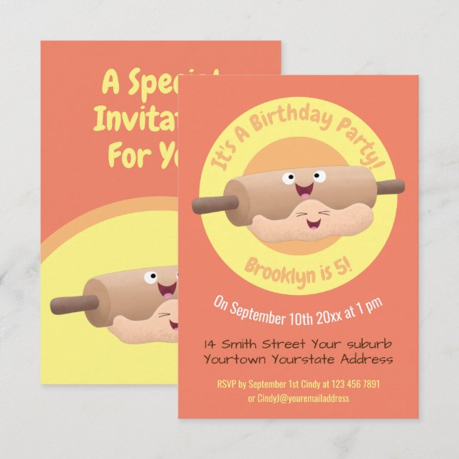 Cute rolling pin and dough pastry baking cartoon i invitation (Front/Back)