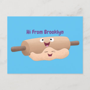 Cute rolling pin and dough pastry baking cartoon  postcard