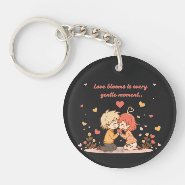 Cute Romantic Anime Couple - Love Moment Keychain (Front)