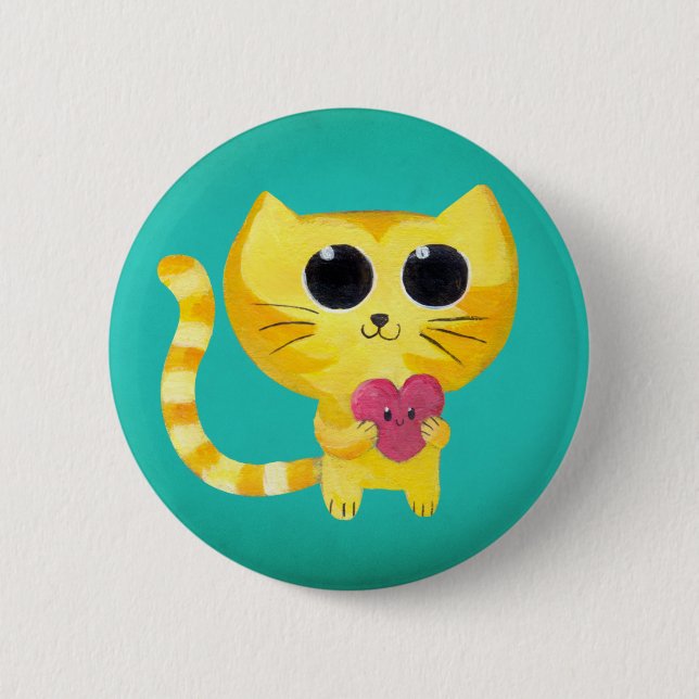 Cute Romantic Cat with Smiling Heart 2 Inch Round Button (Front)