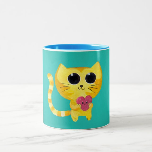Cute Romantic Cat with Smiling Heart Two-Tone Coffee Mug (Center)