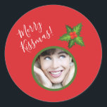 Cute Romantic Christmas Photo Mistletoe "Kissmas" Classic Round Sticker<br><div class="desc">A fun romantic "Merry Kissmas" with mistletoe. Replace the template photo with your own cute face and surprise your boyfriend,  girlfriend,  husband,  wife,  or crush! ;) The design is completely customizable - you can change the text colour,  font,  and size. Design also available on other products.</div>