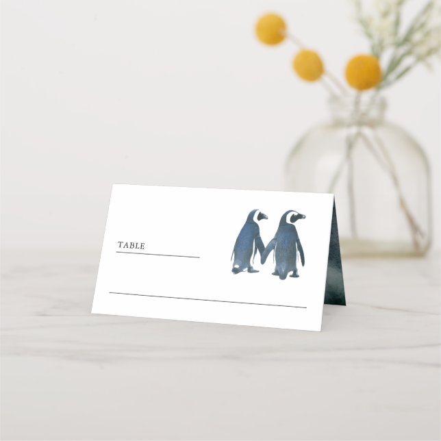 Cute Romantic Couple Penguin Wedding Place Card (Front)