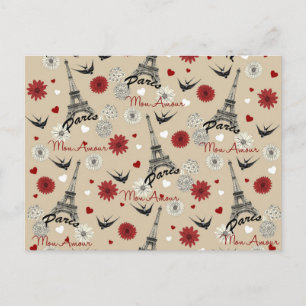 Cute romantic Eiffel Tower, hearts, flowers Postcard